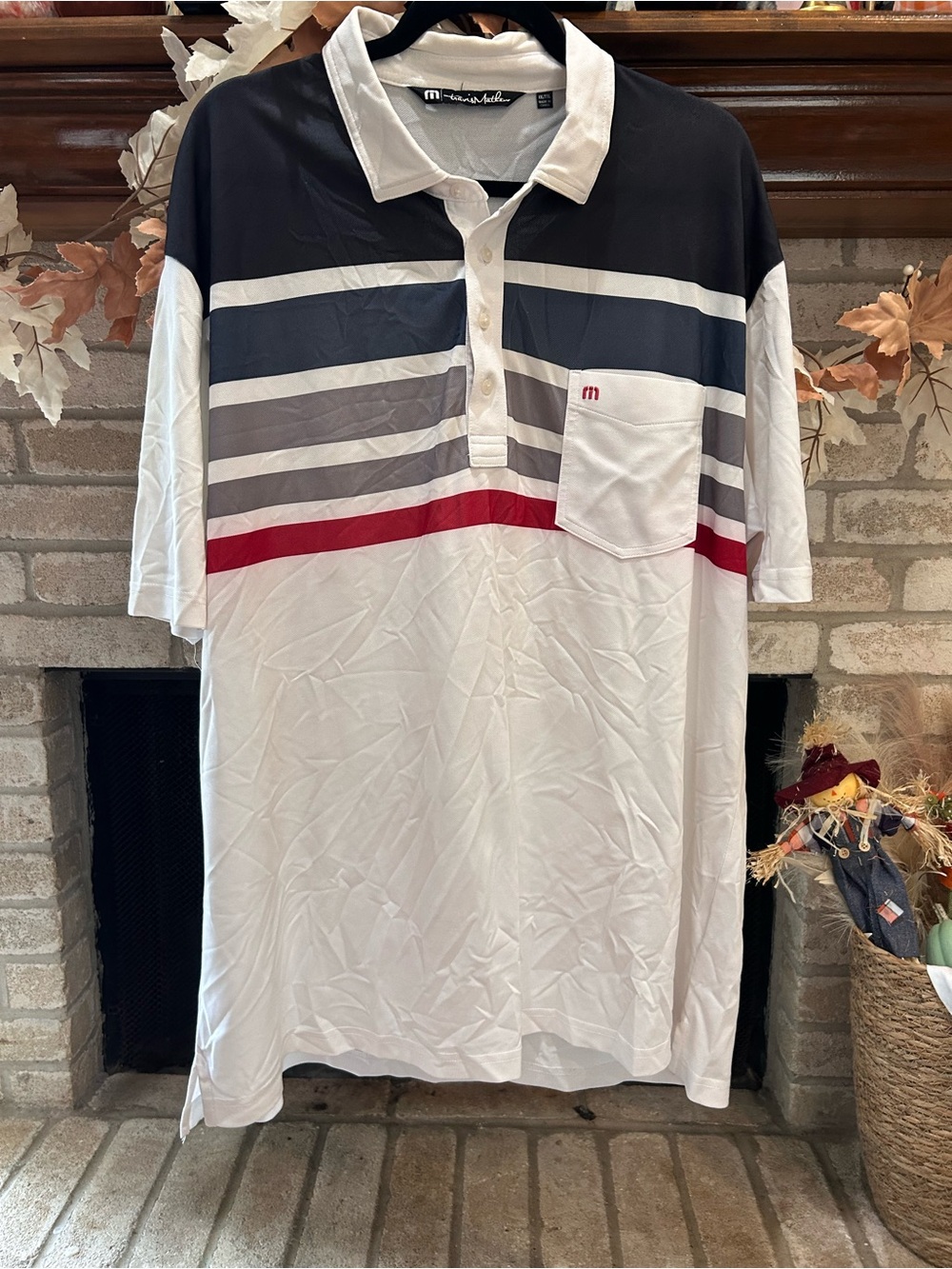 Men's Short Sleeve Polo Shirt - White with Navy & Red Stripes EUC